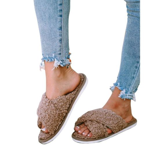 Azura Exchange  Brown Teddy Fur Cross Straps Home Slippers - Picture 13 of 13
